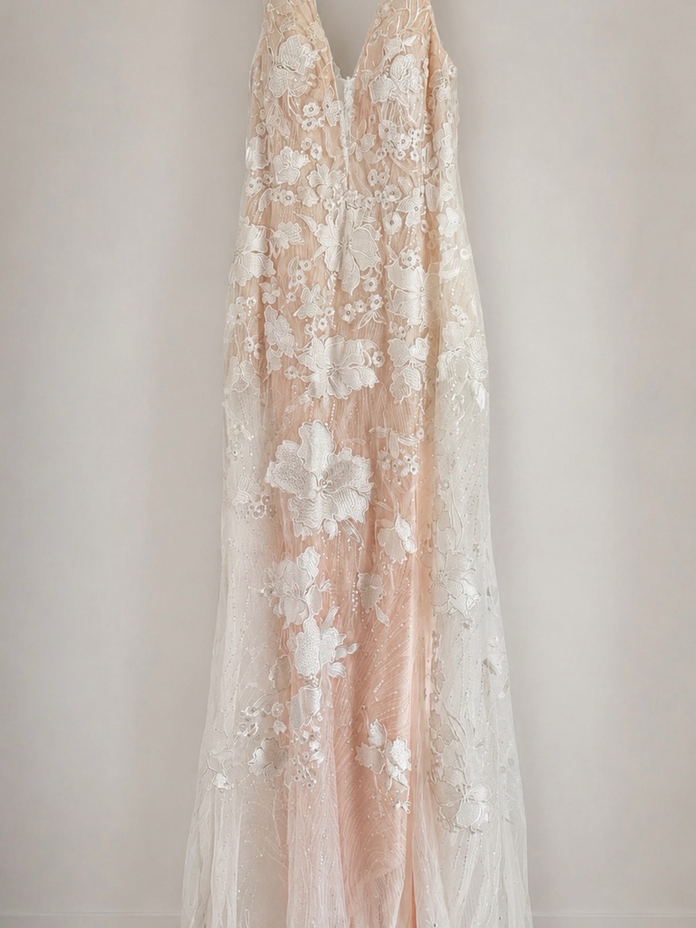 Jovani Elegant White Floral Lace Overlay Dress with Blush Underlay